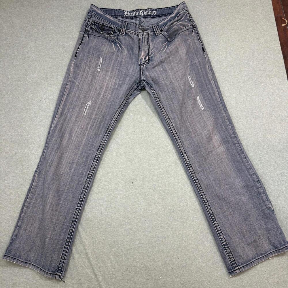 Xtreme Couture Jeans Mens 36x32 Gray Denim Baggy‎ Flap Pocket Distressed Y2k